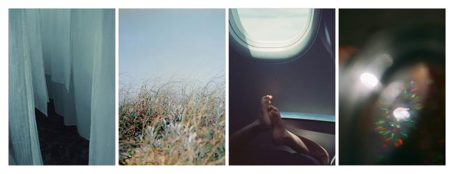 The sun catches the blue train.