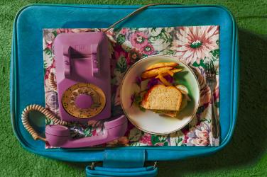 Pink Phone on Suitcase with Club Sandwich